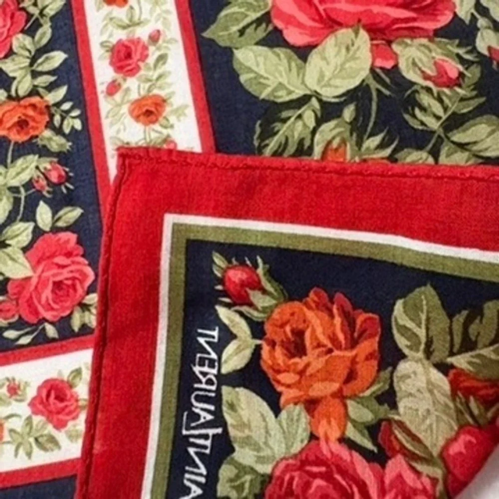 Vtg YVES SAINT LAURENT Scarf Handkerchief Floral Rose Red Navy 18.5